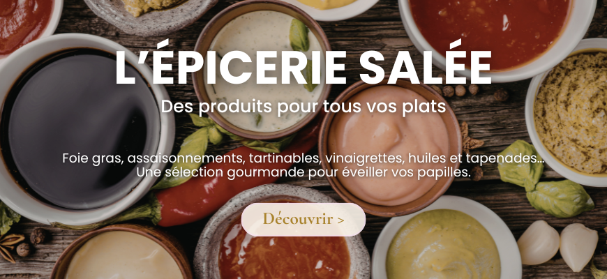 Image représentant des produits salés : fie gras, assaisonnement, tartinables, vinaigrettes... 